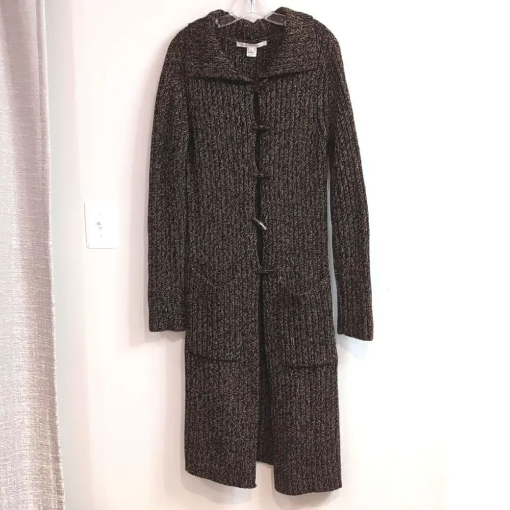 DVF Ribbed Marled Brown Knit 100% Wool Long Sweater Duster Cardigan Jacket Sz L